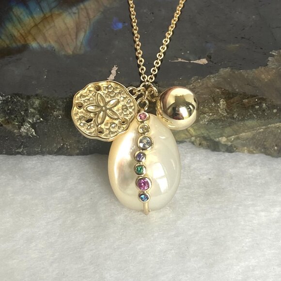 Gold Vermeil Sterling Silver 925 Pearl Gemstone Sanddollar Pendant Necklace 18" - Picture 3 of 16